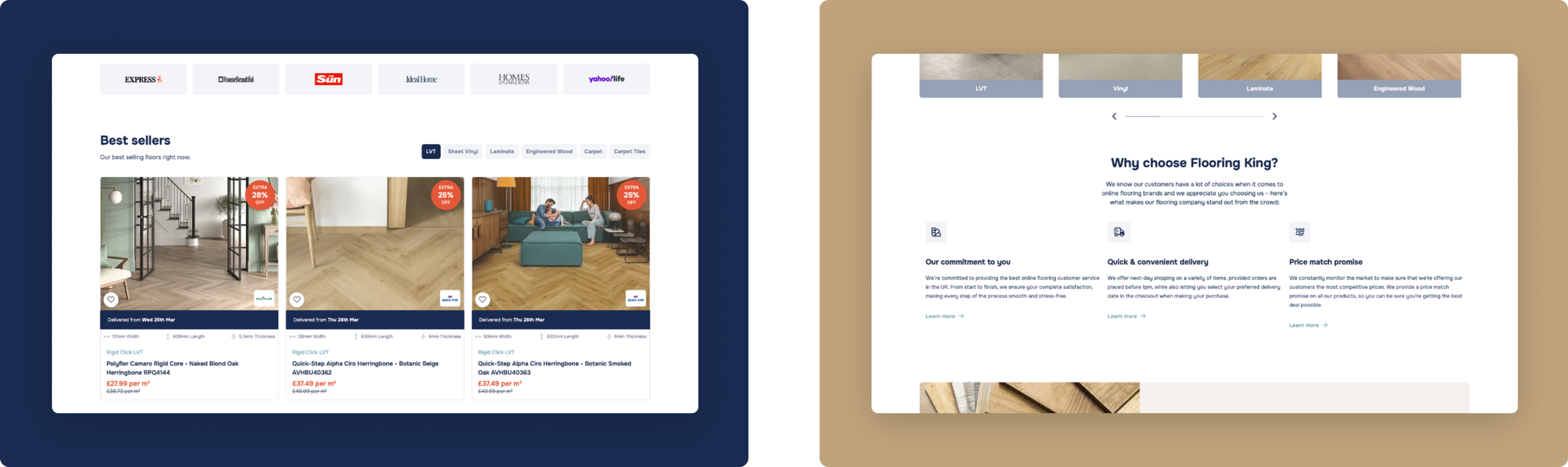2 Custom Flooring King web pages showing Best Sellers and Why Choose Flooring King by RevoStudio UK agency