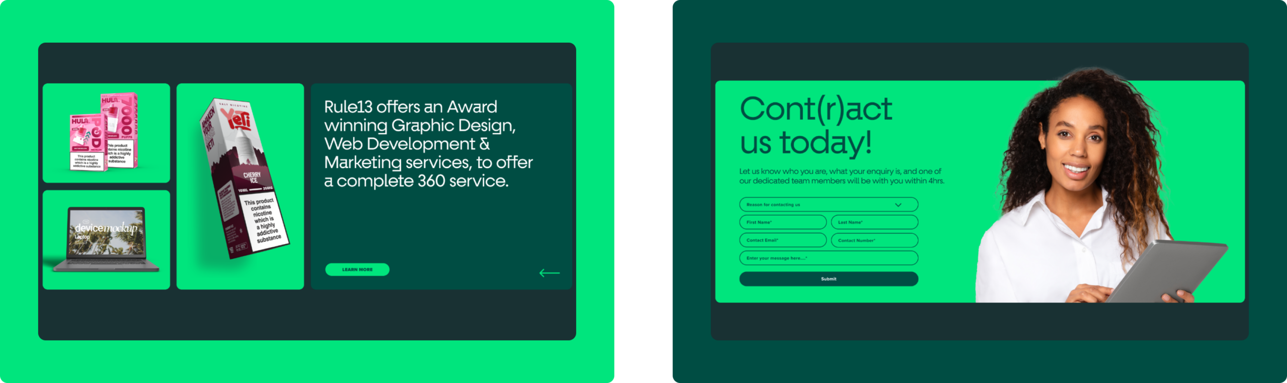 Custom Rule13 web design work showing brands and contact us pages by RevoStudio UK agency